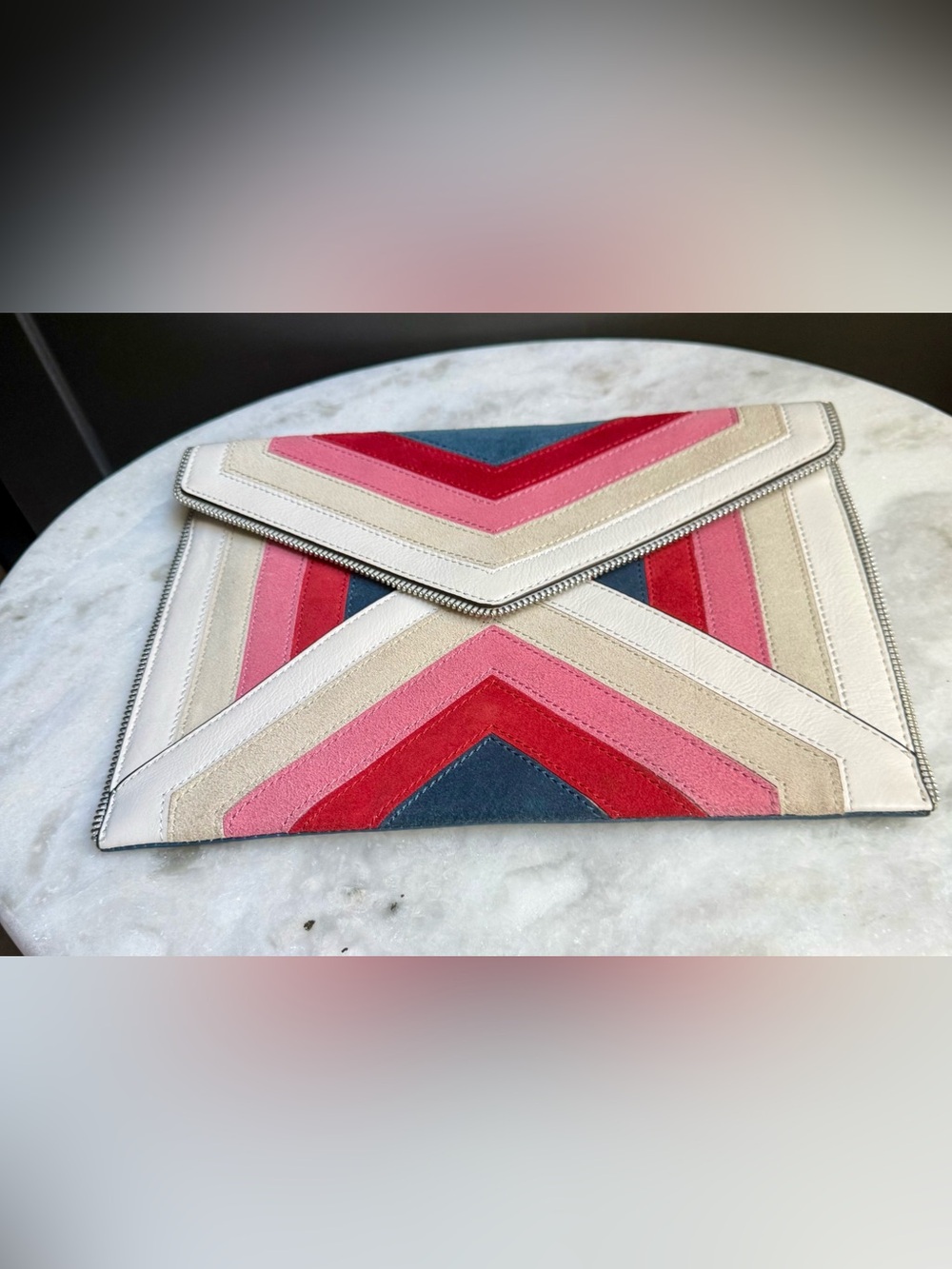 Rebecca Minkoff Chevron Suede Envelope Clutch in Navy, Red, Pink, Cream - Picture 3 of 11
